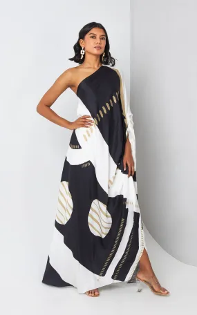 Black And White Abstract Printed One Shoulder Drape