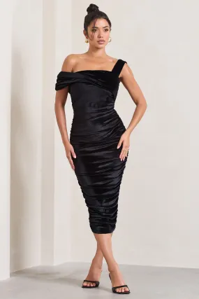 Daniela | Black Velvet One Shoulder Ruched Midi Dress