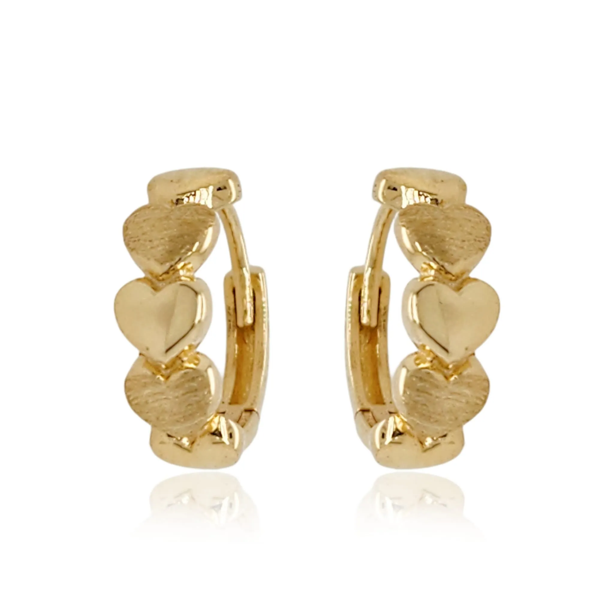 Gold Small Round Brushed and Shiny Hearts Hoop Earrings