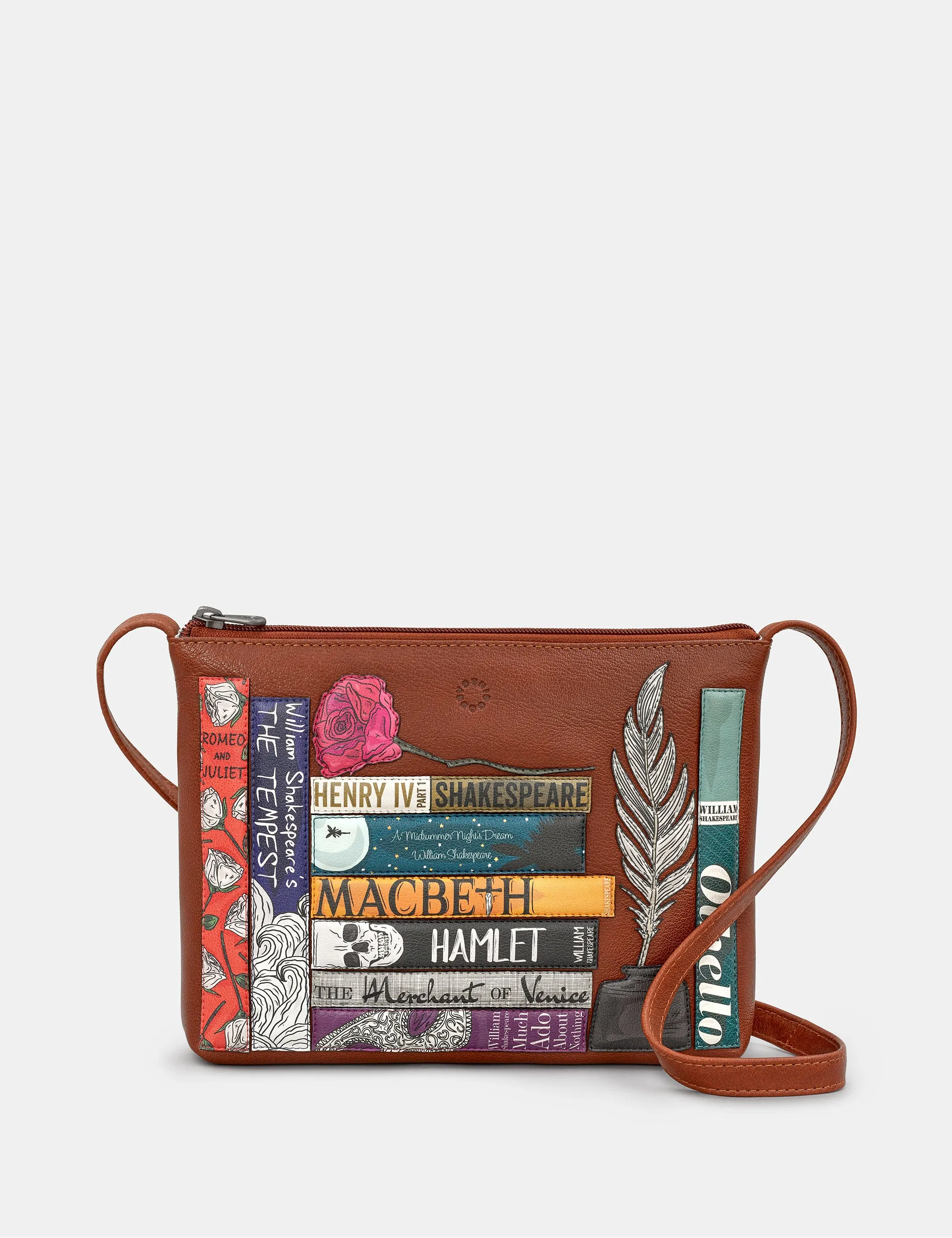 Shakespeare-Inspired Bookworm Brown Leather Crossbody Bag