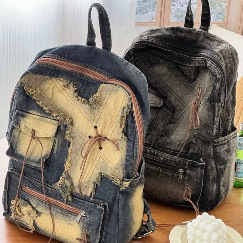 TAVIMART  -  Retro Splicing Cowboy Backpack American Versatile Large Capacity Student Bag New Harajuku Zipper Y2K Backpack