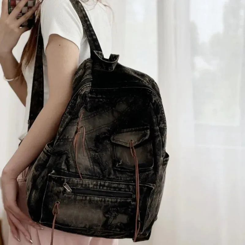 TAVIMART  -  Retro Splicing Cowboy Backpack American Versatile Large Capacity Student Bag New Harajuku Zipper Y2K Backpack