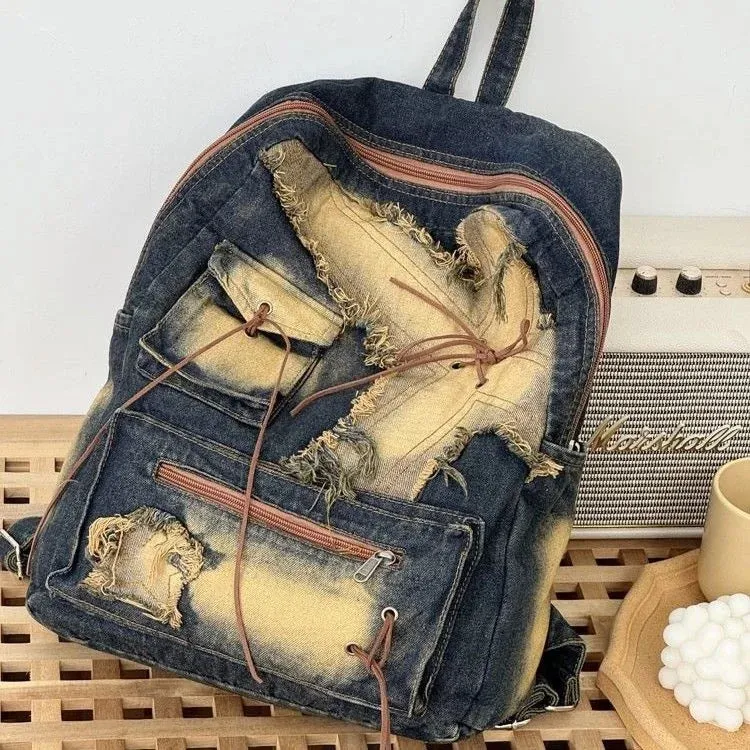 TAVIMART  -  Retro Splicing Cowboy Backpack American Versatile Large Capacity Student Bag New Harajuku Zipper Y2K Backpack