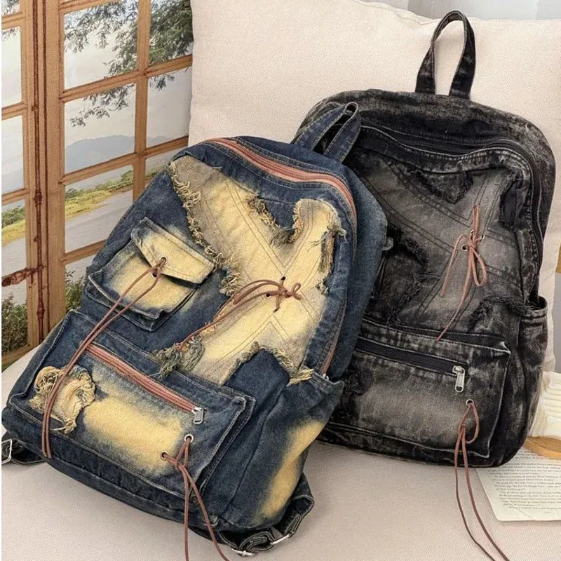 TAVIMART  -  Retro Splicing Cowboy Backpack American Versatile Large Capacity Student Bag New Harajuku Zipper Y2K Backpack