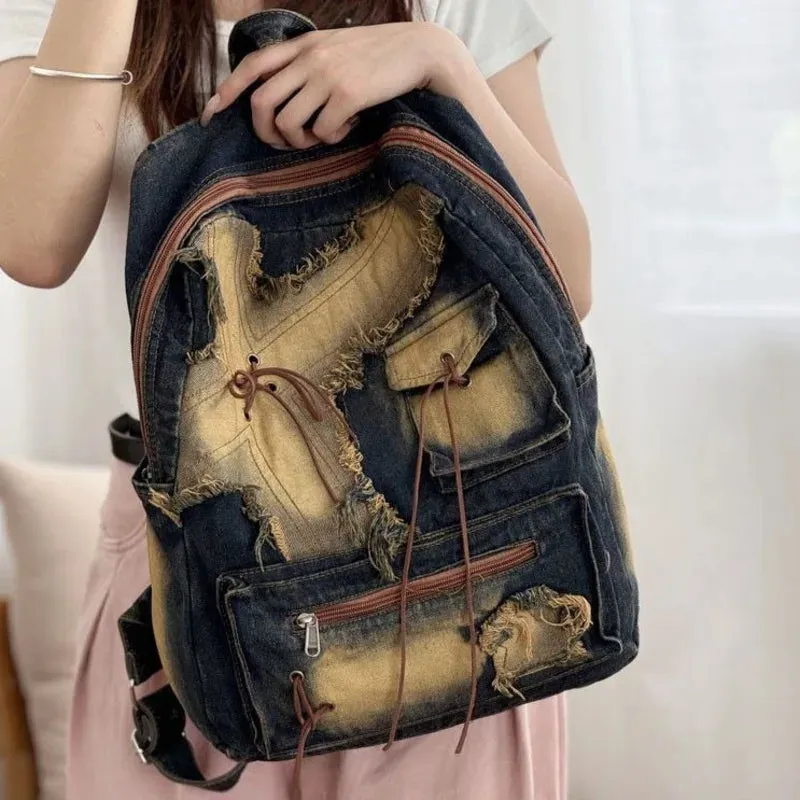 TAVIMART  -  Retro Splicing Cowboy Backpack American Versatile Large Capacity Student Bag New Harajuku Zipper Y2K Backpack